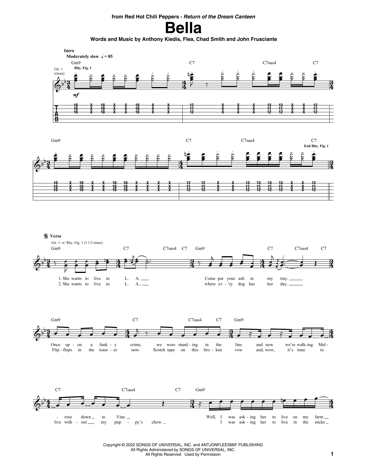 Red Hot Chili Peppers Bella sheet music notes and chords. Download Printable PDF.