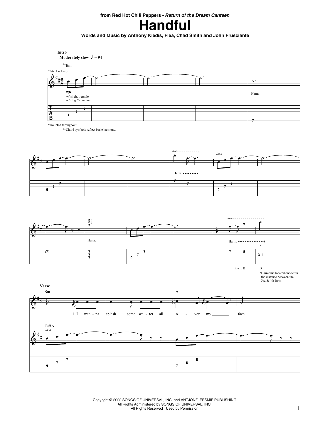 Red Hot Chili Peppers Handful sheet music notes and chords. Download Printable PDF.