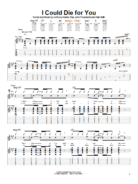 Learn to play Red Hot Chili Peppers I Could Die For You sheet music for Guitar Tab in minutes. Price: 7.7900$ Red Hot Chili Peppers I Could Die For You sheet music notes and chords. Download Printable PDF.