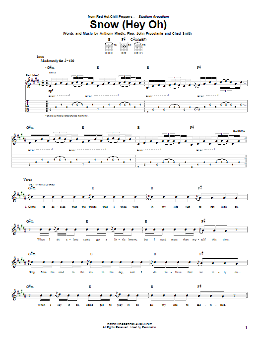 Red Hot Chili Peppers Snow (Hey Oh) sheet music notes and chords. Download Printable PDF.
