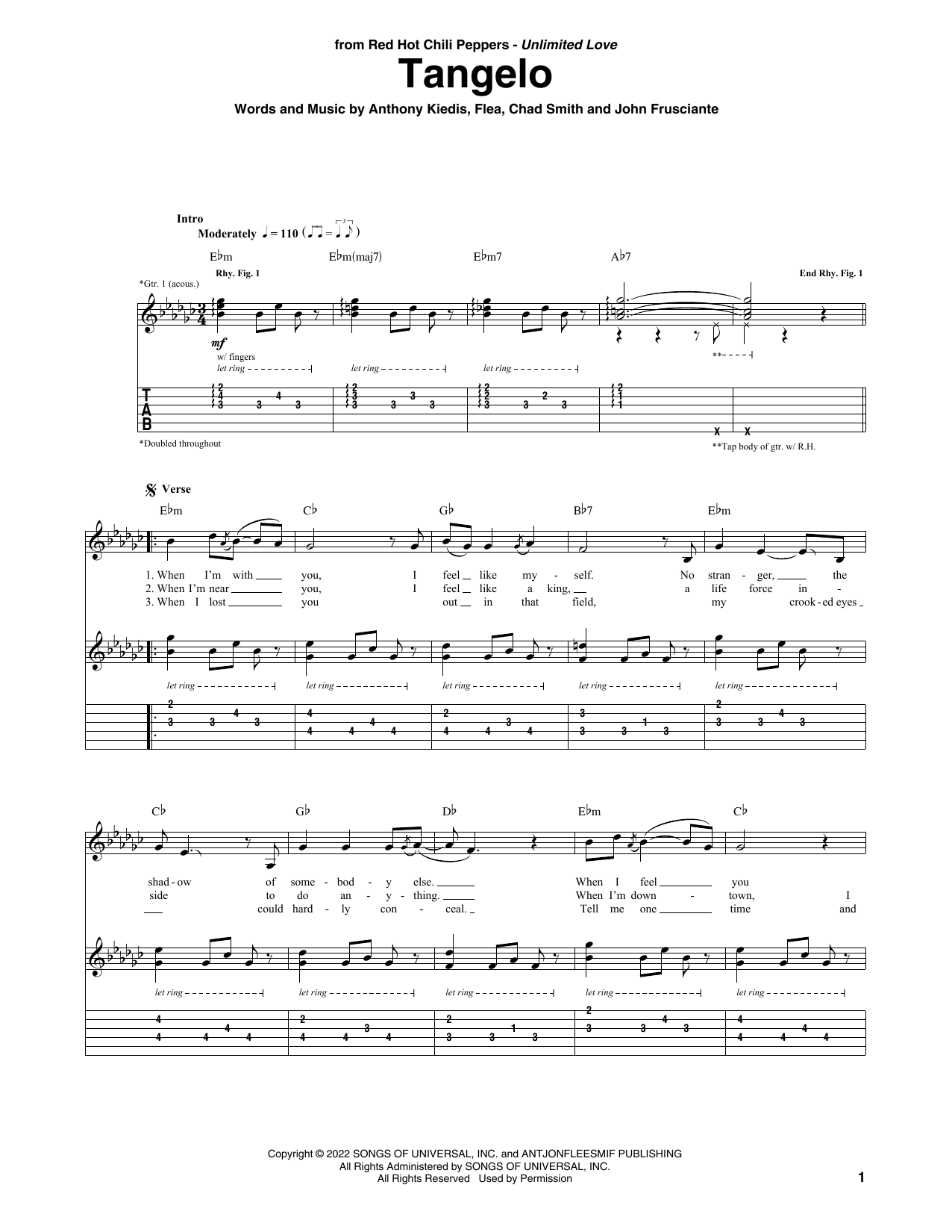 Red Hot Chili Peppers Tangelo sheet music notes and chords. Download Printable PDF.