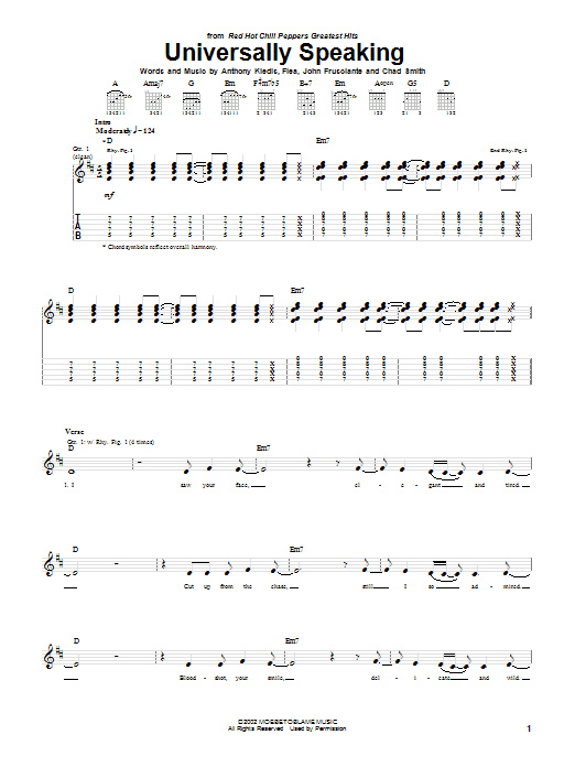 Red Hot Chili Peppers Universally Speaking sheet music notes and chords. Download Printable PDF.
