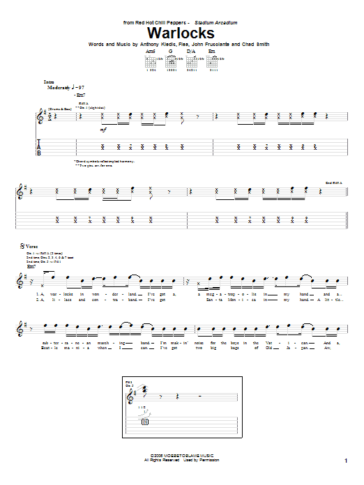 Red Hot Chili Peppers Warlocks sheet music notes and chords. Download Printable PDF.