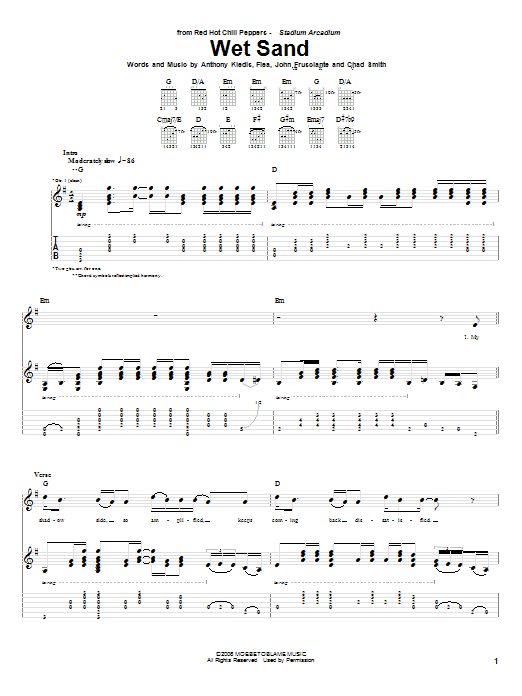 Red Hot Chili Peppers Wet Sand sheet music notes and chords. Download Printable PDF.