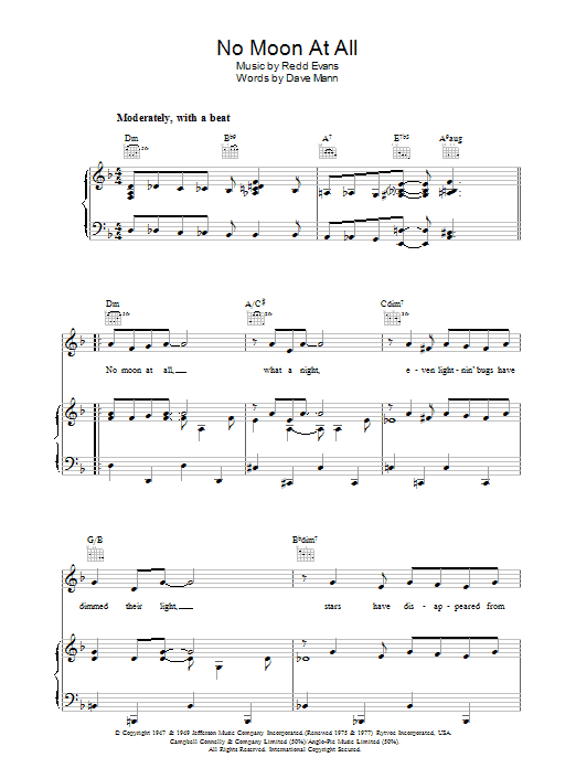 Redd Evans "No Moon All" Sheet Music PDF Notes, Chords | Pop Score Piano, Vocal & Guitar (Right-Hand Melody) Download Printable. SKU: 36254