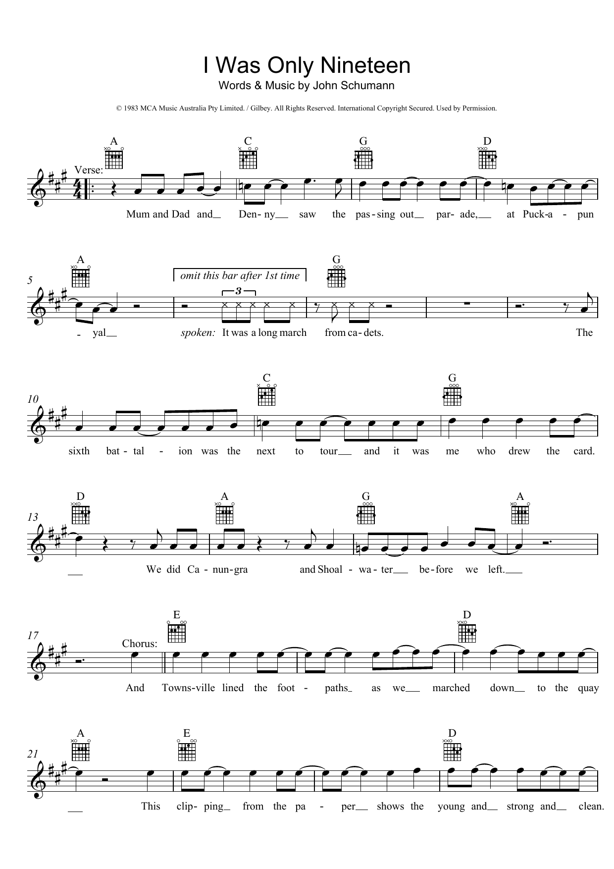 Redgum I Was Only Nineteen sheet music notes and chords. Download Printable PDF.