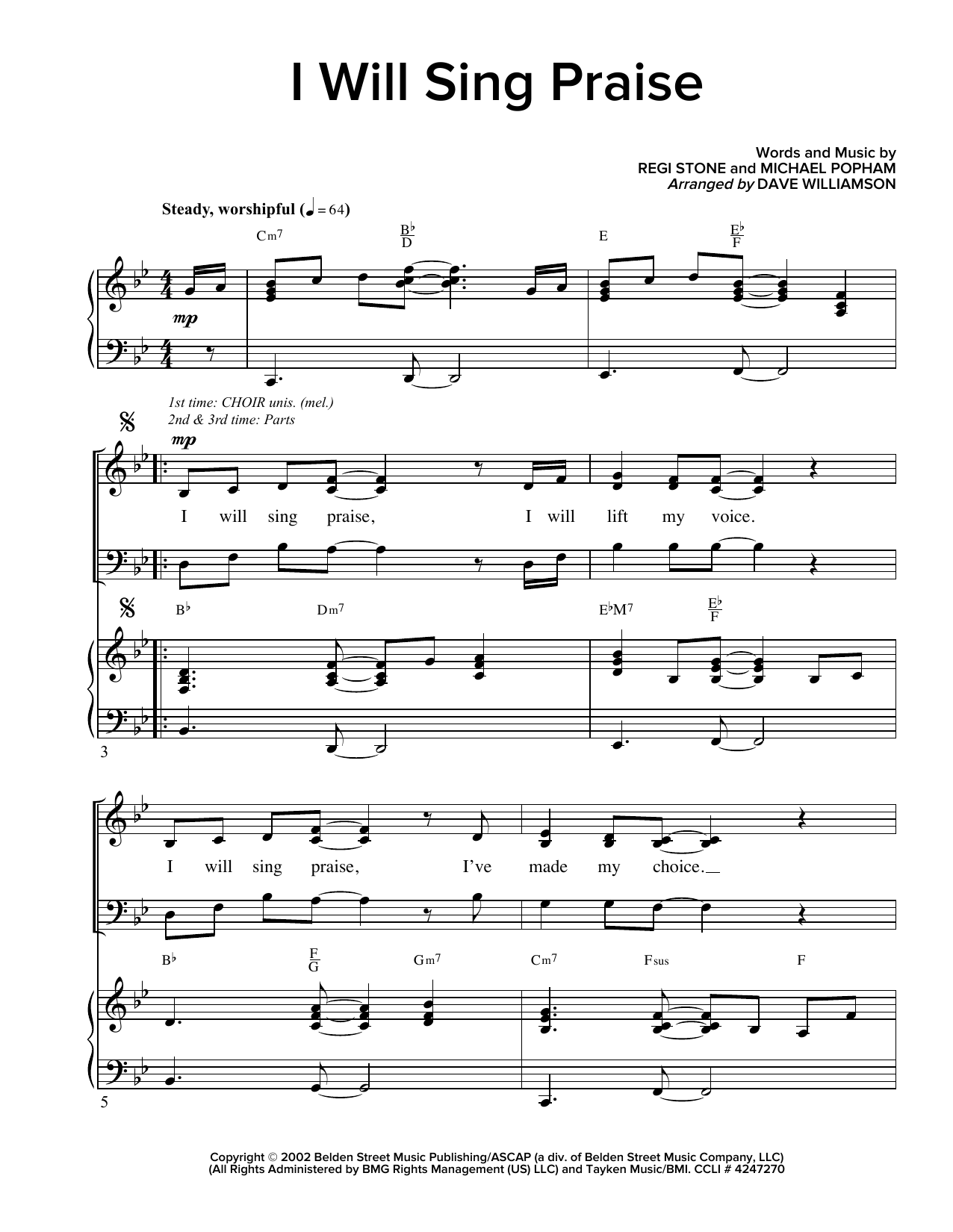 Learn to play Regi Stone I Will Sing Praise (arr. Dave Williamson) sheet music for SATB Choir in minutes. Price: 3.9900$ Regi Stone I Will Sing Praise (arr. Dave Williamson) sheet music notes and chords arranged for SATB Choir