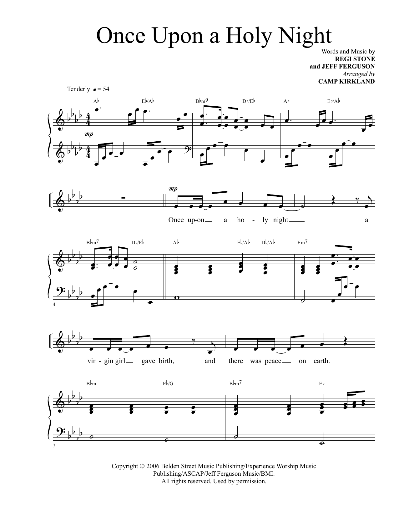 Learn to play Regi Stone and Jeff Ferguson Once Upon A Holy Night (arr. Camp Kirkland) sheet music for SATB Choir in minutes. Price: 3.9900$ Regi Stone and Jeff Ferguson Once Upon A Holy Night (arr. Camp Kirkland) sheet music notes and chords arranged for SATB Choir