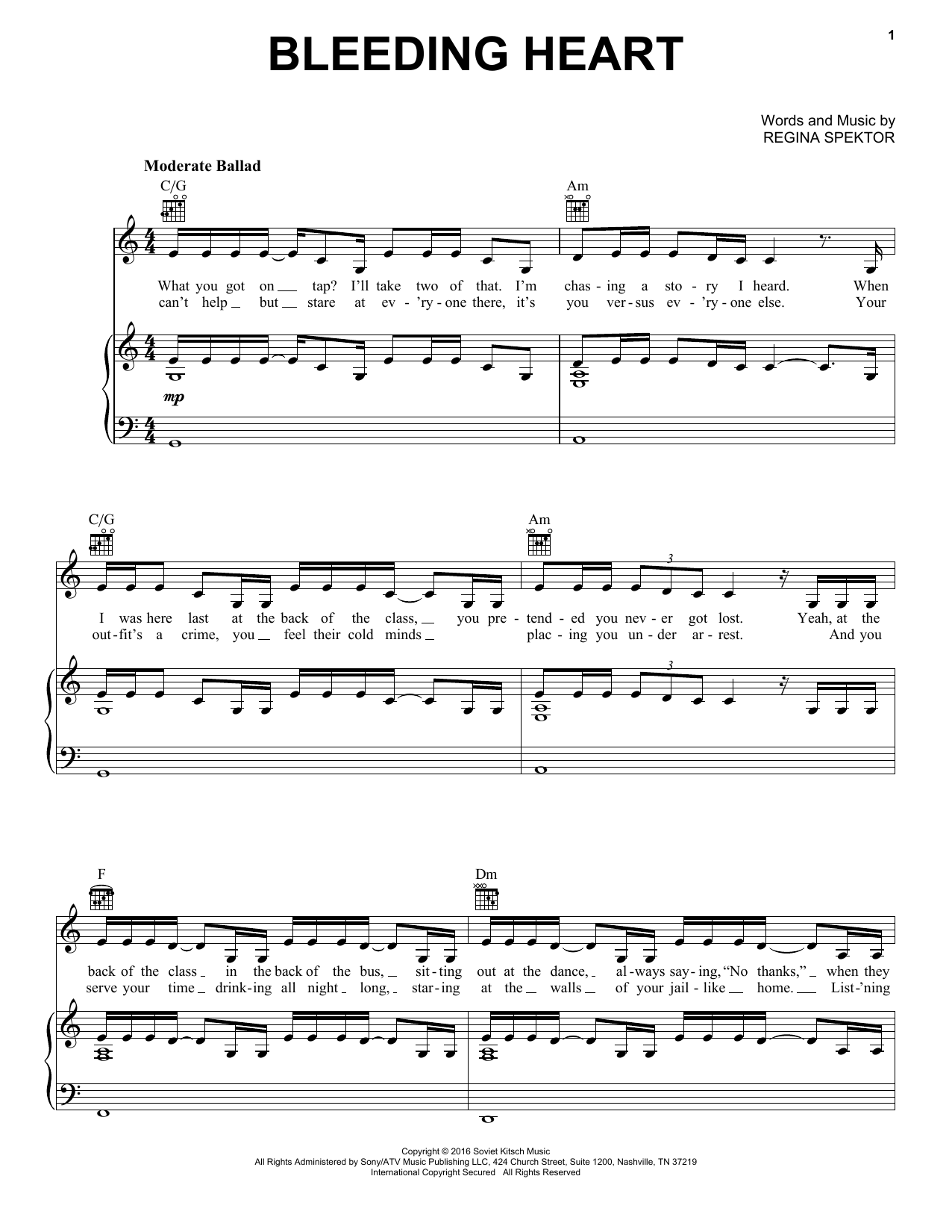 Regina Spektor Bleeding Heart sheet music notes and chords. Download Printable PDF.