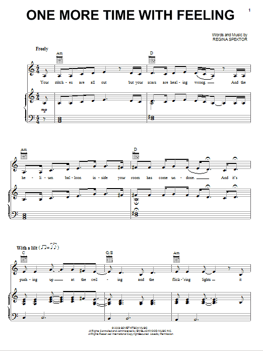 Learn to play Regina Spektor One More Time With Feeling sheet music for Piano, Vocal & Guitar (Right-Hand Melody) in minutes. Regina Spektor One More Time With Feeling sheet music notes and chords. Download Printable PDF.
