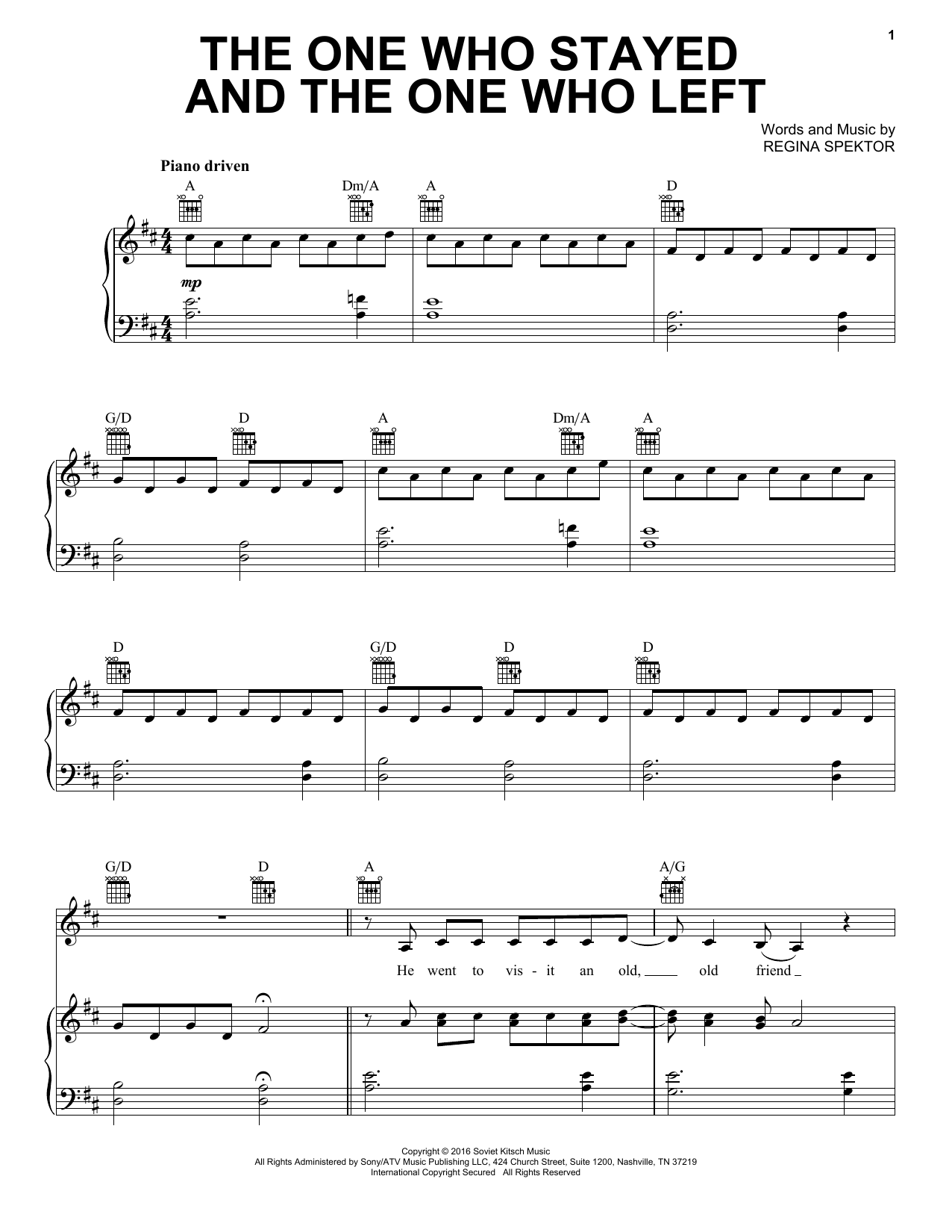 Learn to play Regina Spektor The One Who Stayed And The One Who Left sheet music for Piano, Vocal & Guitar Chords (Right-Hand Melody) in minutes. Price: 7.8900$ Regina Spektor The One Who Stayed And The One Who Left sheet music notes and chords arranged for Piano, Vocal & Guitar Chords (Right-Hand Melody)
