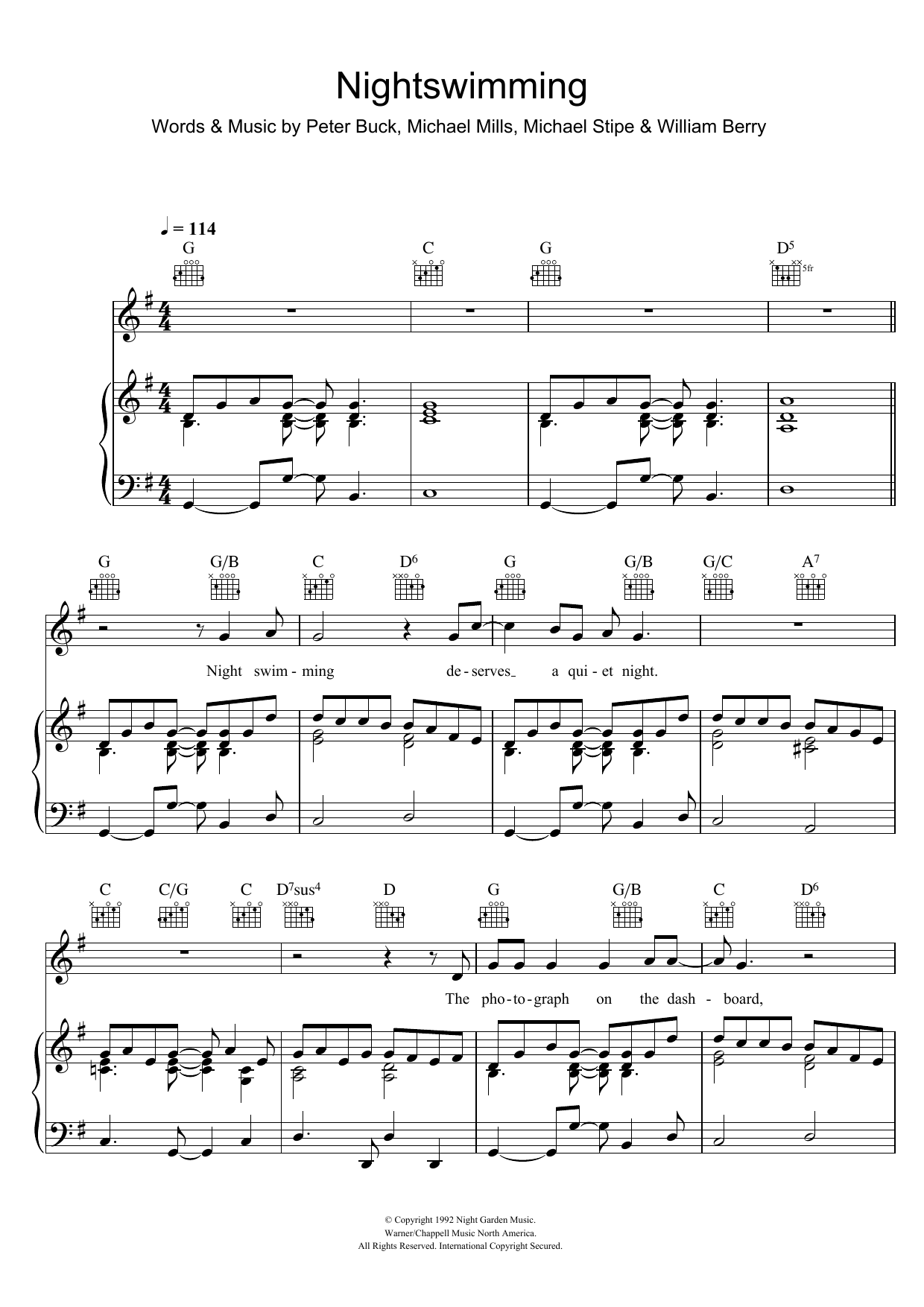 R.E.M. Nightswimming sheet music notes and chords. Download Printable PDF.