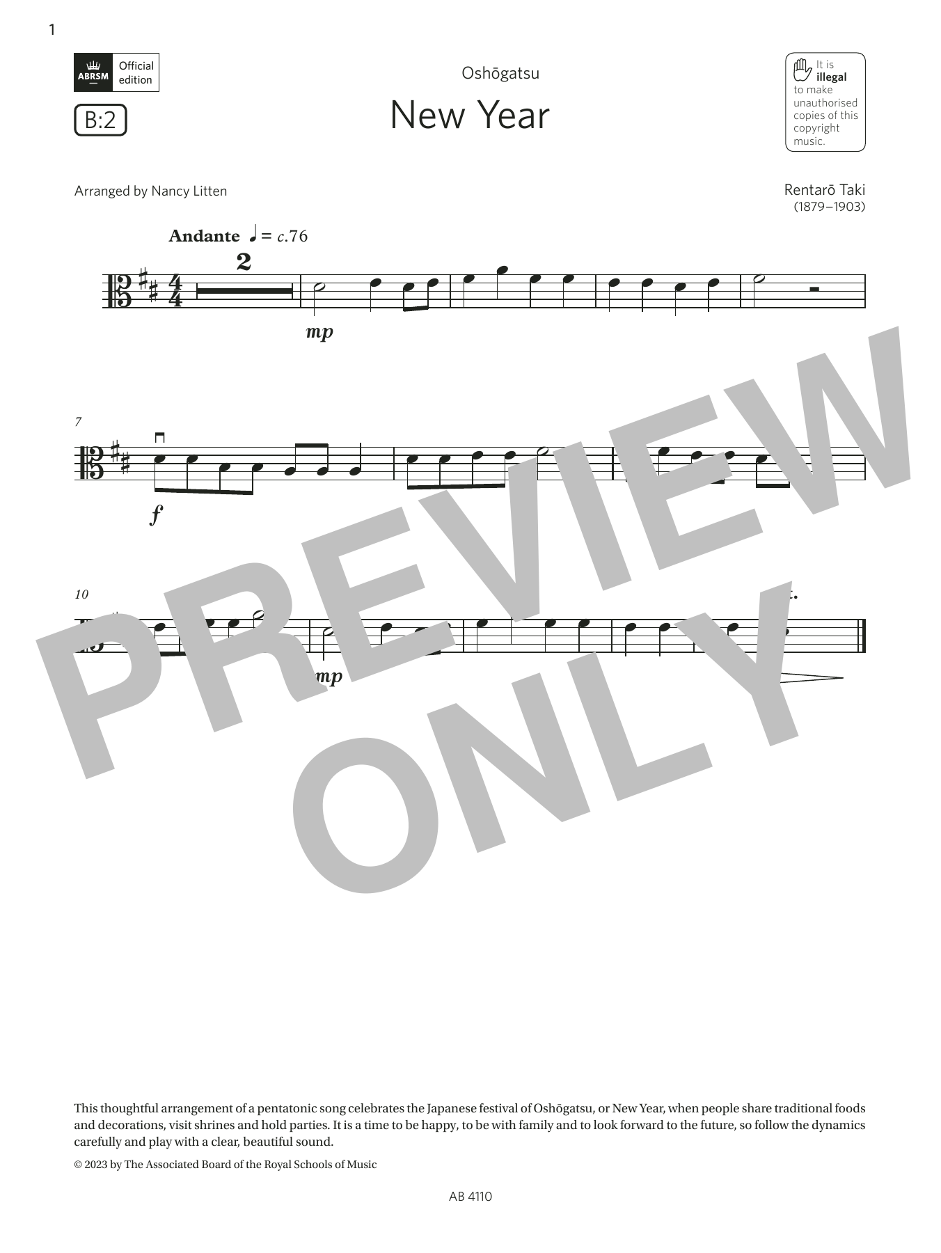 Learn to play Rentaro Taki New Year (Grade Initial, B2, from the ABRSM Viola Syllabus from 2024) sheet music for Viola Solo in minutes. Price: 3.9900$ Rentaro Taki New Year (Grade Initial, B2, from the ABRSM Viola Syllabus from 2024) sheet music notes and chords arranged for Viola Solo