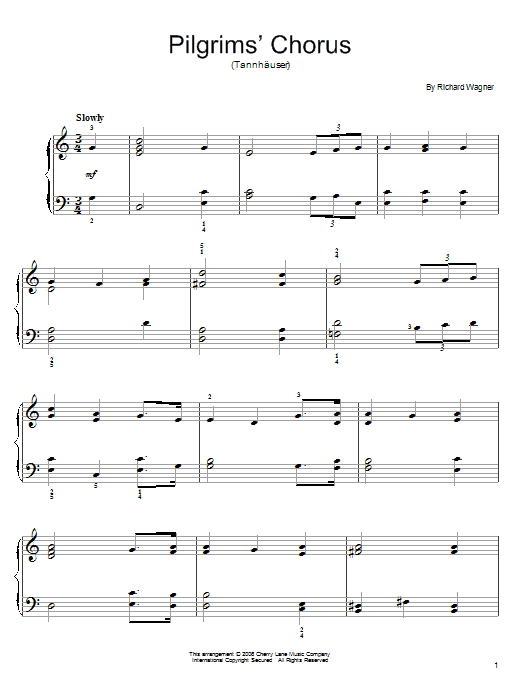 Learn to play Richard Wagner Pilgrims' Chorus sheet music for Easy Piano in minutes. Price: 6.9900$ Richard Wagner Pilgrims' Chorus sheet music notes and chords arranged for Easy Piano