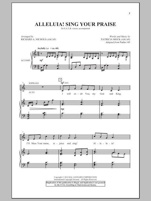 Learn to play Richard A. Nichols Alleluia! Sing Your Praise sheet music for SATB Choir in minutes. Price: 3.9900$ Richard A. Nichols Alleluia! Sing Your Praise sheet music notes and chords arranged for SATB Choir