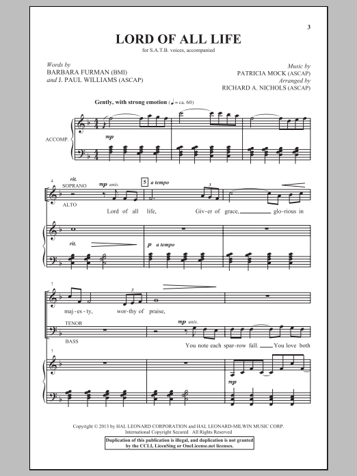 Learn to play Richard A. Nichols Lord Of All Life sheet music for SATB Choir in minutes. Price: 3.9900$ Richard A. Nichols Lord Of All Life sheet music notes and chords arranged for SATB Choir