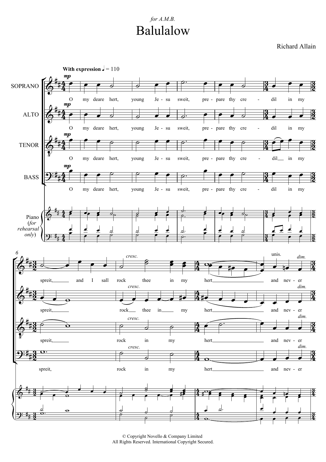 Richard Allain Balulalow sheet music notes and chords. Download Printable PDF.