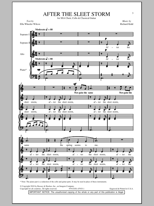 Learn to play Richard Kidd After The Sleet Storm sheet music for SSA Choir in minutes. Price: 3.9900$ Richard Kidd After The Sleet Storm sheet music notes and chords arranged for SSA Choir