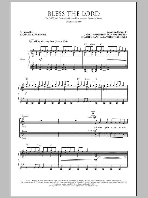Learn to play Richard Kingsmore Bless The Lord sheet music for SATB Choir in minutes. Price: 3.9900$ Richard Kingsmore Bless The Lord sheet music notes and chords arranged for SATB Choir