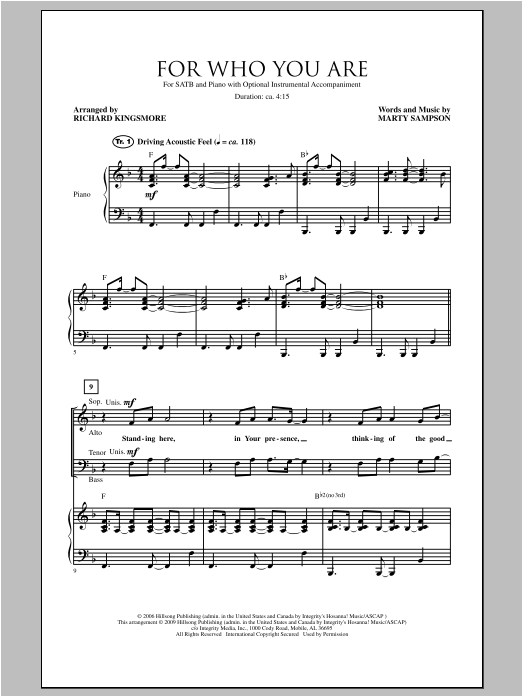 Learn to play Richard Kingsmore For Who You Are sheet music for SATB Choir in minutes. Price: 3.9900$ Richard Kingsmore For Who You Are sheet music notes and chords arranged for SATB Choir