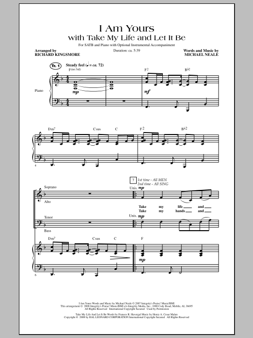 Learn to play Richard Kingsmore I Am Yours (With Take My Life And Let It Be) sheet music for SATB Choir in minutes. Price: 3.9900$ Richard Kingsmore I Am Yours (With Take My Life And Let It Be) sheet music notes and chords arranged for SATB Choir