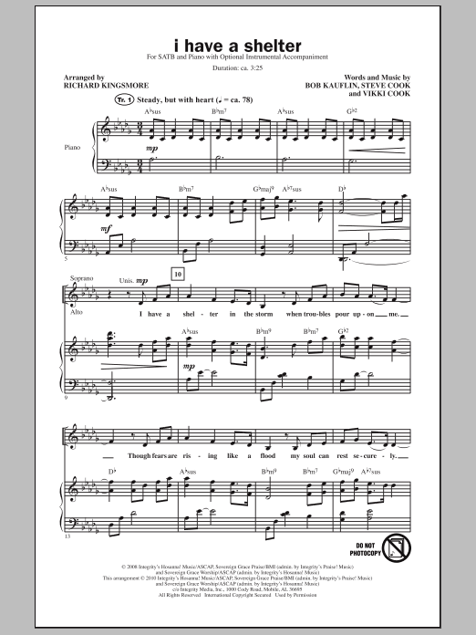 Learn to play Richard Kingsmore I Have A Shelter sheet music for SATB Choir in minutes. Price: 3.9900$ Richard Kingsmore I Have A Shelter sheet music notes and chords arranged for SATB Choir