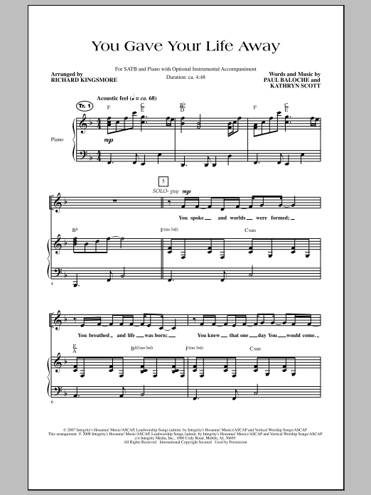 Learn to play Richard Kingsmore You Gave Your Life Away sheet music for SATB Choir in minutes. Price: 3.9900$ Richard Kingsmore You Gave Your Life Away sheet music notes and chords arranged for SATB Choir