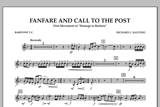 Learn to play Richard L. Saucedo Fanfare and Call to the Post - Baritone T.C. sheet music for Concert Band in minutes. Price: 7.8900$ Richard L. Saucedo Fanfare and Call to the Post - Baritone T.C. sheet music notes and chords arranged for Concert Band