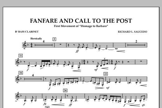 Learn to play Richard L. Saucedo Fanfare and Call to the Post - Bb Bass Clarinet sheet music for Concert Band in minutes. Price: 7.8900$ Richard L. Saucedo Fanfare and Call to the Post - Bb Bass Clarinet sheet music notes and chords arranged for Concert Band