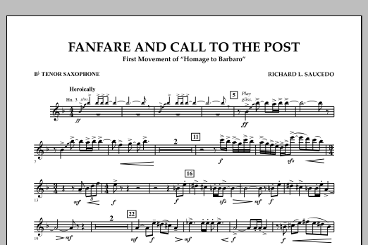 Learn to play Richard L. Saucedo Fanfare and Call to the Post - Bb Tenor Saxophone sheet music for Concert Band in minutes. Price: 7.8900$ Richard L. Saucedo Fanfare and Call to the Post - Bb Tenor Saxophone sheet music notes and chords arranged for Concert Band