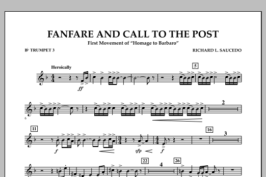 Learn to play Richard L. Saucedo Fanfare and Call to the Post - Bb Trumpet 3 sheet music for Concert Band in minutes. Price: 7.8900$ Richard L. Saucedo Fanfare and Call to the Post - Bb Trumpet 3 sheet music notes and chords arranged for Concert Band