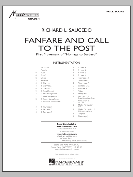 Learn to play Richard L. Saucedo Fanfare and Call to the Post - Conductor Score (Full Score) sheet music for Concert Band in minutes. Price: 9.9900$ Richard L. Saucedo Fanfare and Call to the Post - Conductor Score (Full Score) sheet music notes and chords arranged for Concert Band