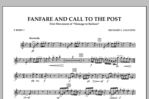 Learn to play Richard L. Saucedo Fanfare and Call to the Post - F Horn 1 sheet music for Concert Band in minutes. Price: 7.8900$ Richard L. Saucedo Fanfare and Call to the Post - F Horn 1 sheet music notes and chords arranged for Concert Band