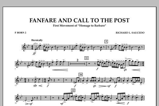 Learn to play Richard L. Saucedo Fanfare and Call to the Post - F Horn 2 sheet music for Concert Band in minutes. Price: 7.8900$ Richard L. Saucedo Fanfare and Call to the Post - F Horn 2 sheet music notes and chords arranged for Concert Band