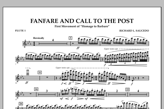 Learn to play Richard L. Saucedo Fanfare and Call to the Post - Flute 1 sheet music for Concert Band in minutes. Price: 7.8900$ Richard L. Saucedo Fanfare and Call to the Post - Flute 1 sheet music notes and chords arranged for Concert Band