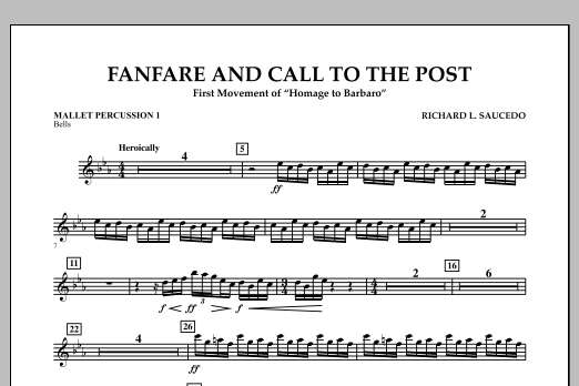 Learn to play Richard L. Saucedo Fanfare and Call to the Post - Mallet Percussion 1 sheet music for Concert Band in minutes. Price: 7.8900$ Richard L. Saucedo Fanfare and Call to the Post - Mallet Percussion 1 sheet music notes and chords arranged for Concert Band