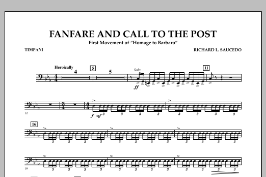 Learn to play Richard L. Saucedo Fanfare and Call to the Post - Timpani sheet music for Concert Band in minutes. Price: 7.8900$ Richard L. Saucedo Fanfare and Call to the Post - Timpani sheet music notes and chords arranged for Concert Band