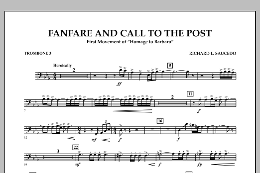 Learn to play Richard L. Saucedo Fanfare and Call to the Post - Trombone 3 sheet music for Concert Band in minutes. Price: 7.8900$ Richard L. Saucedo Fanfare and Call to the Post - Trombone 3 sheet music notes and chords arranged for Concert Band