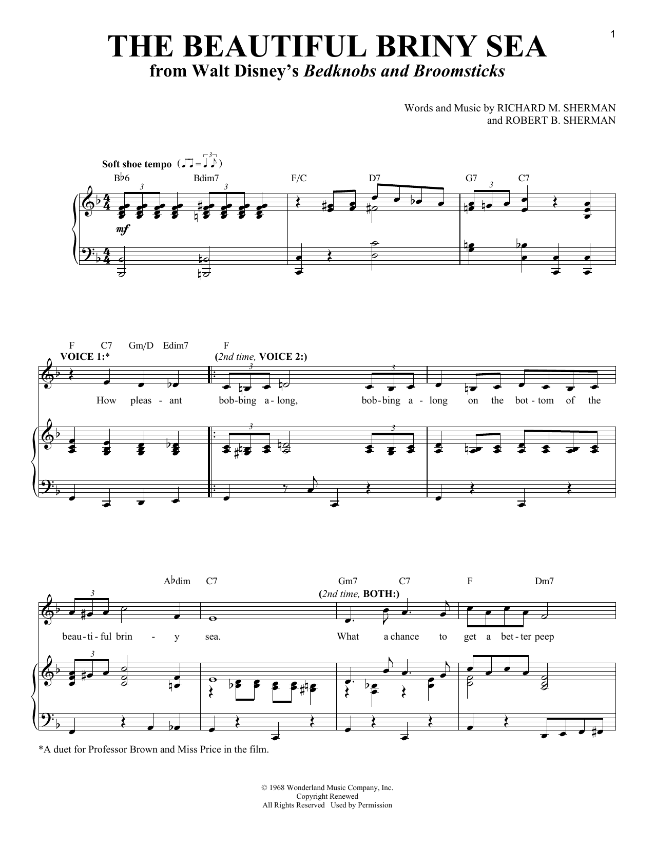 Learn to play Richard M. Sherman The Beautiful Briny Sea sheet music for Vocal Duet in minutes. Price: 6.9900$ Richard M. Sherman The Beautiful Briny Sea sheet music notes and chords arranged for Vocal Duet