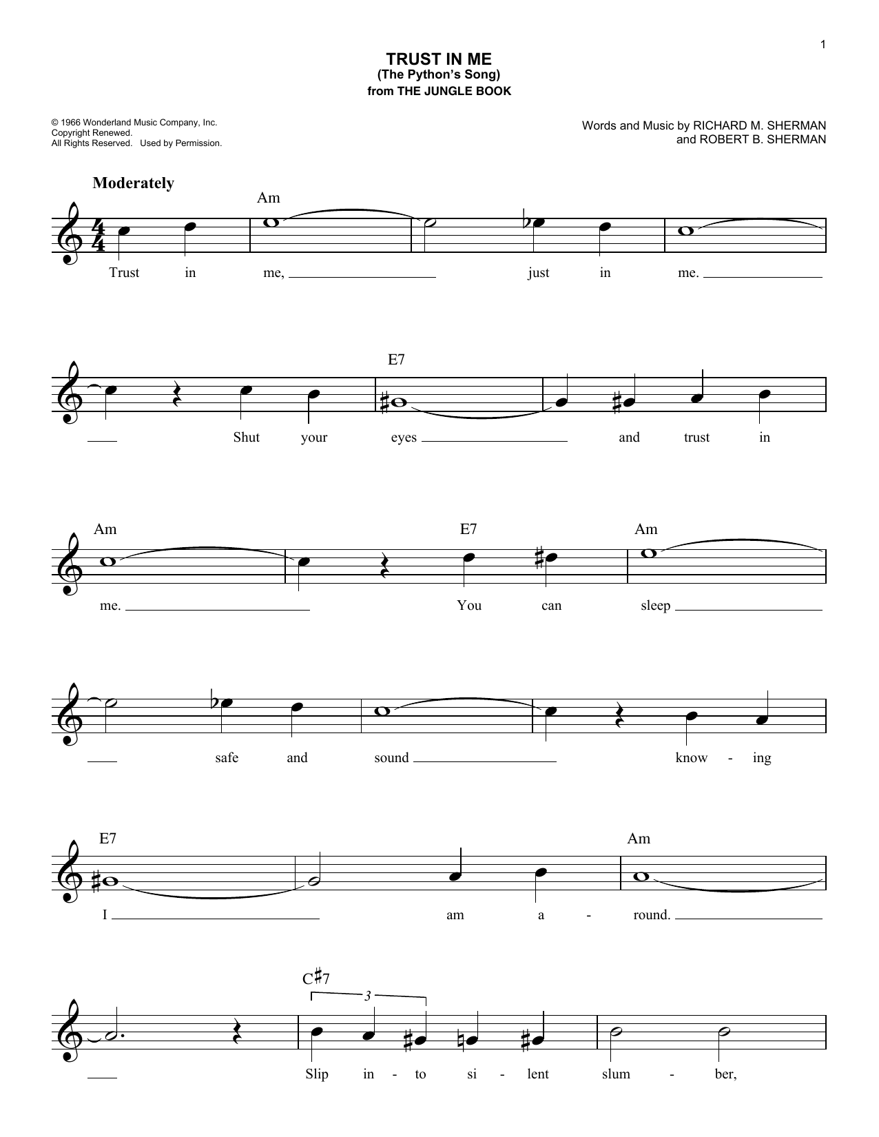 Learn to play Richard M. Sherman Trust In Me (The Python's Song) (from The Jungle Book) sheet music for Easy Lead Sheet / Fake Book in minutes. Price: 5.9900$ Richard M. Sherman Trust In Me (The Python's Song) (from The Jungle Book) sheet music notes and chords arranged for Easy Lead Sheet / Fake Book