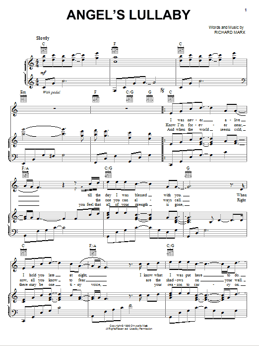 Richard Marx Angel's Lullaby sheet music notes and chords. Download Printable PDF.