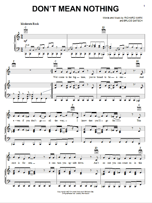 Richard Marx Don't Mean Nothing sheet music notes and chords arranged for Easy Piano