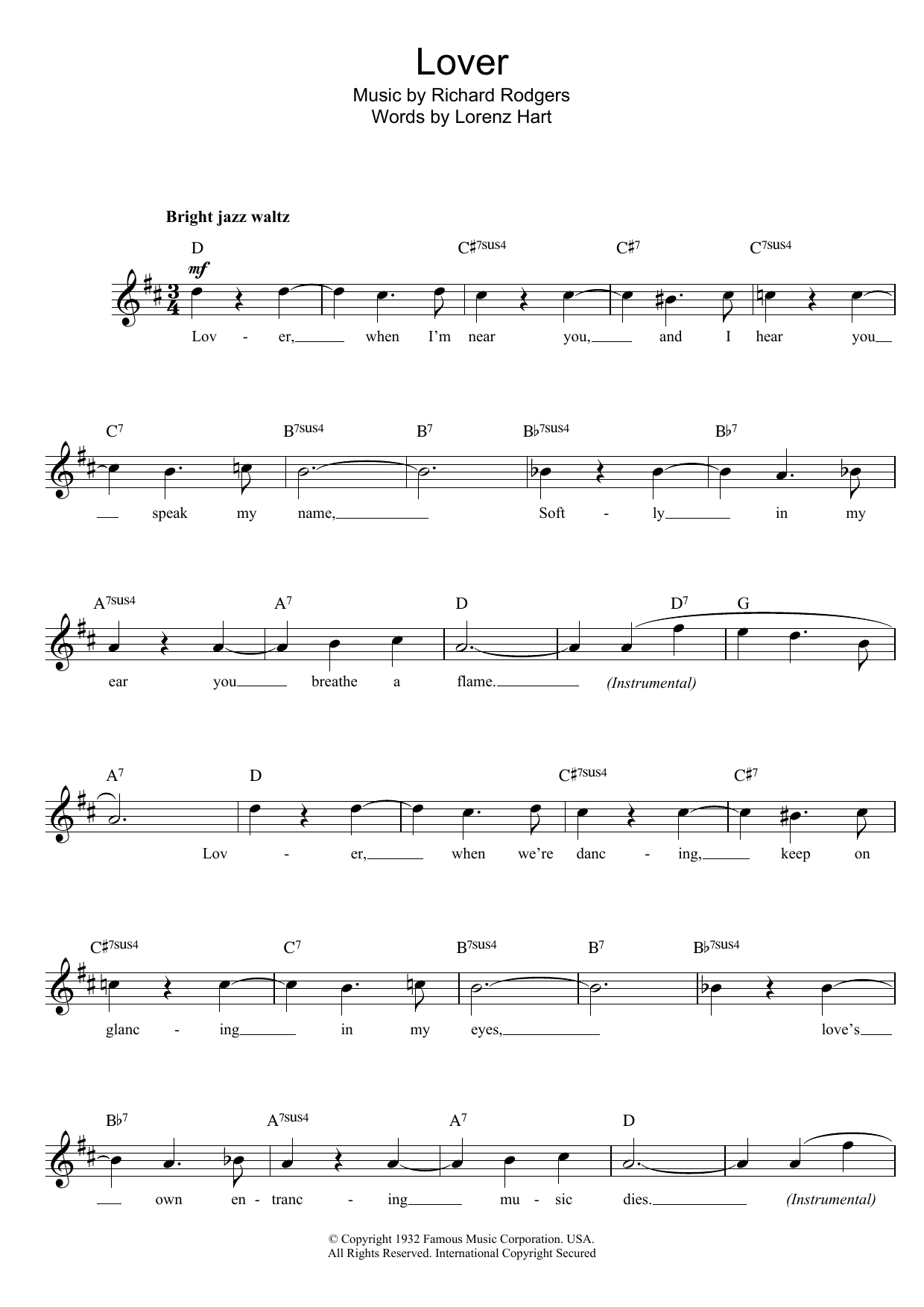 Richard Rodgers Lover sheet music notes and chords. Download Printable PDF.