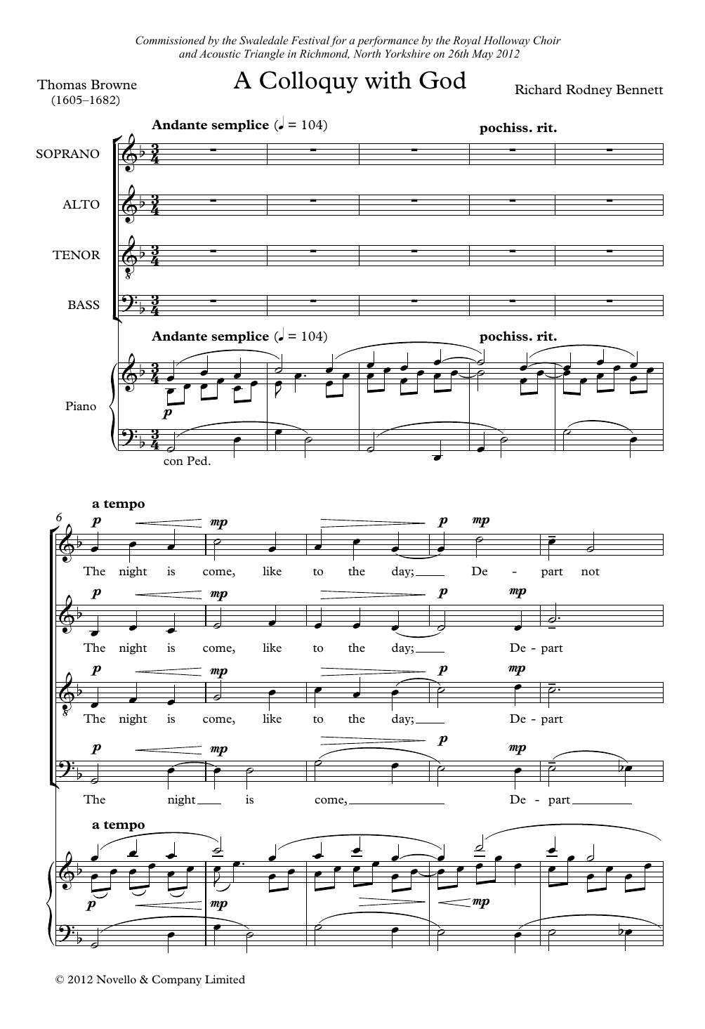 Learn to play Richard Rodney Bennett A Colloquy With God sheet music for SATB Choir in minutes. Price: 3.9900$ Richard Rodney Bennett A Colloquy With God sheet music notes and chords arranged for SATB Choir