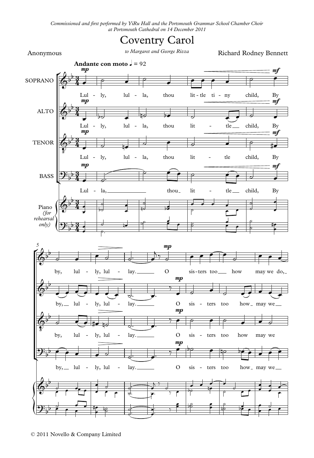 Richard Rodney Bennett Coventry Carol sheet music notes and chords. Download Printable PDF.