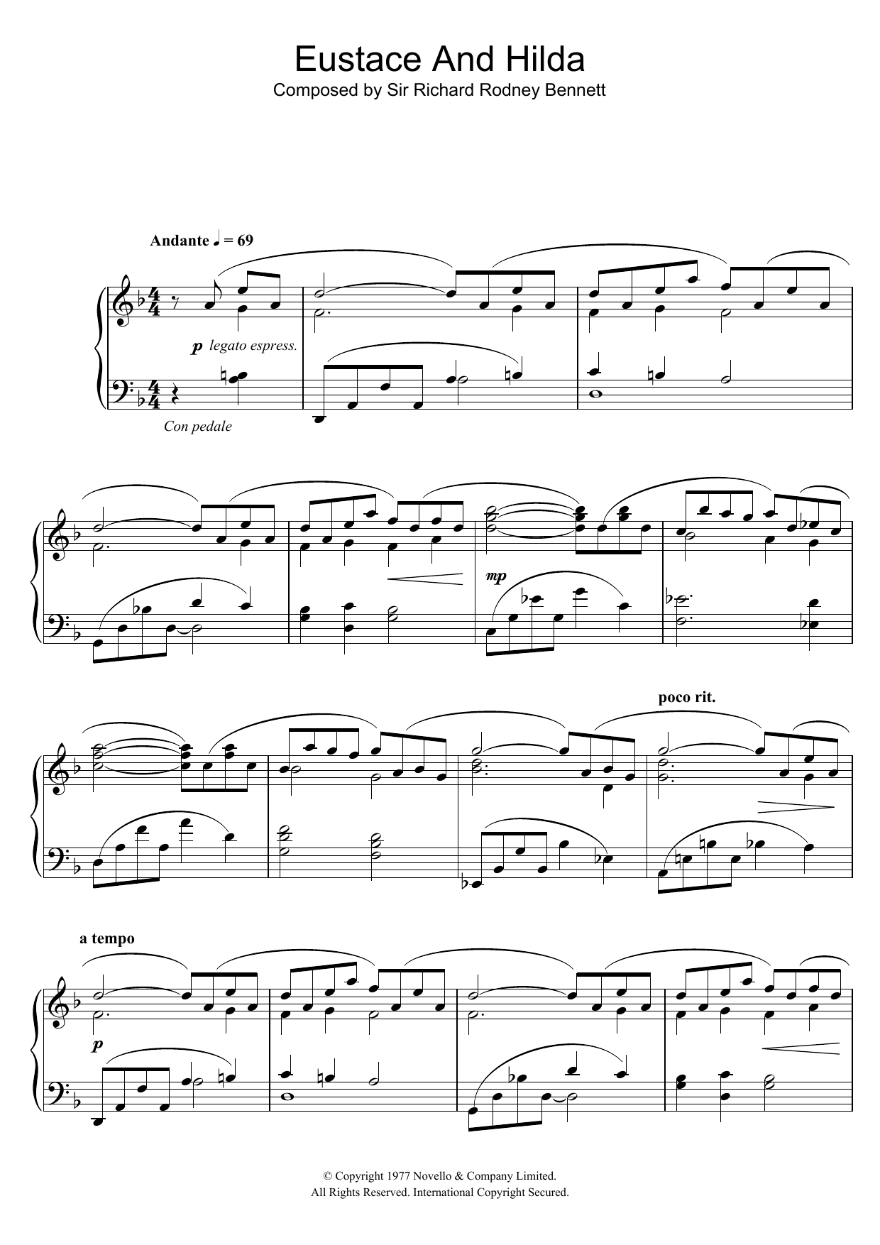 Richard Rodney Bennett Eustace And Hilda From The Bbc Tv Production Eustace And Hilda Sheet Music Pdf Notes Chords Classical Score Piano Solo Download Printable Sku 105239