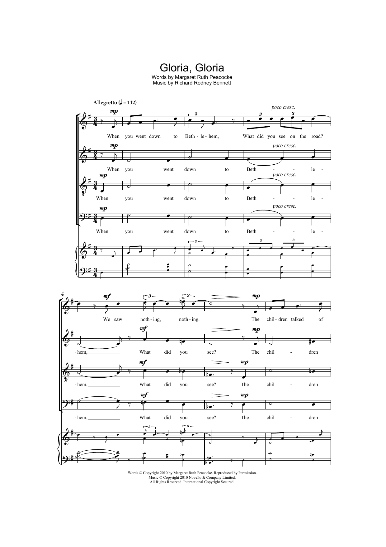 Learn to play Richard Rodney Bennett Gloria, Gloria sheet music for SATB Choir in minutes. Price: 3.9900$ Richard Rodney Bennett Gloria, Gloria sheet music notes and chords arranged for SATB Choir