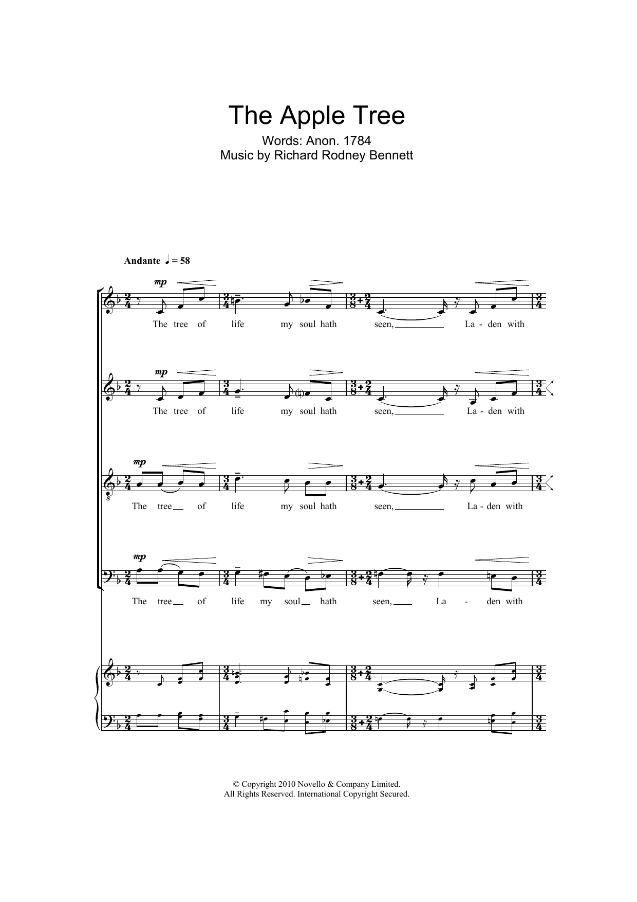 Learn to play Richard Rodney Bennett The Apple Tree sheet music for SATB Choir in minutes. Price: 3.9900$ Richard Rodney Bennett The Apple Tree sheet music notes and chords arranged for SATB Choir