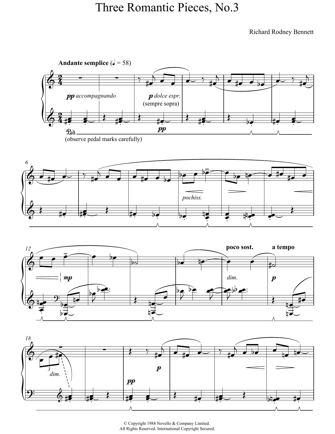 Learn to play Richard Rodney Bennett Three Romantic Pieces, No.3 sheet music for Piano Solo in minutes. Richard Rodney Bennett Three Romantic Pieces, No.3 sheet music notes and chords. Download Printable PDF.