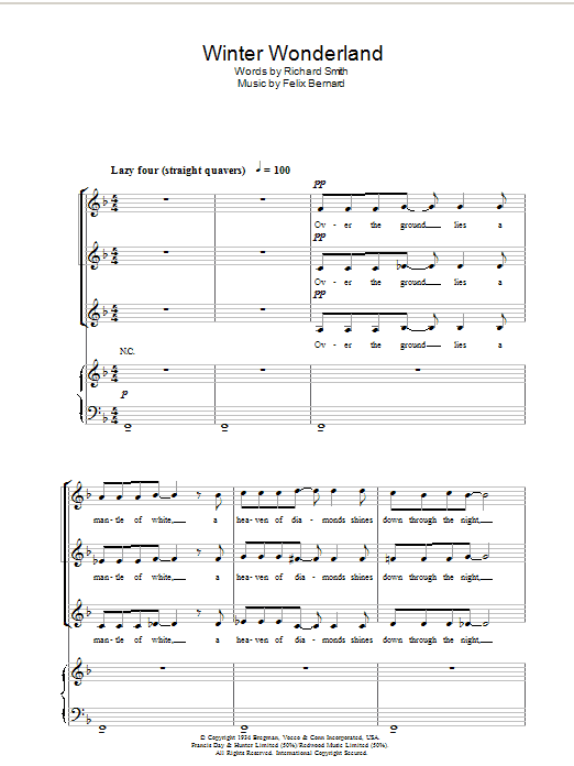 Learn to play Richard Smith Winter Wonderland (arr. Berty Rice) sheet music for 3-Part Mixed Choir in minutes. Price: 3.9900$ Richard Smith Winter Wonderland (arr. Berty Rice) sheet music notes and chords arranged for 3-Part Mixed Choir